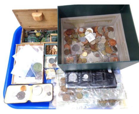 A tray of British pre decimal coins, set of coin scales, 1951 Crown, other world coins etc 