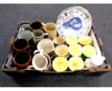 A box of ceramics, Wade brewery tankards, wall plates, Art Deco coffee pot, Royal Winton lustre grapefruit dishes etc 