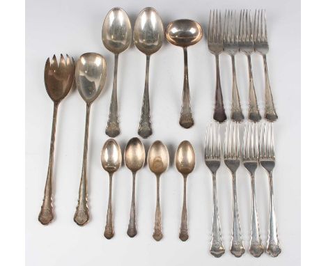 An early 20th century part canteen of silver cutlery, comprising two tablespoons, four table forks, four dessert forks, sauce