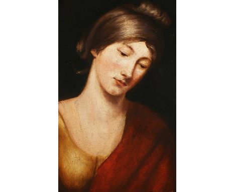 British School – Oval Half Length Portrait of a Lady wearing an Ochre Dress and Red Shawl, 19th century oil on canvas, 53cm x