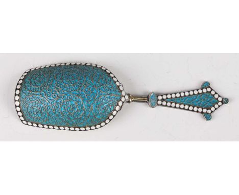 A late 19th century Russian silver and cloisonné enamel tea caddy shovel, 84 zolotnik, the tapering handle and shovel back fi