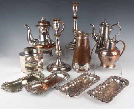A group of 19th century Sheffield plate, including a canted corner rectangular tea caddy and cover, height 13.5cm, two entrée
