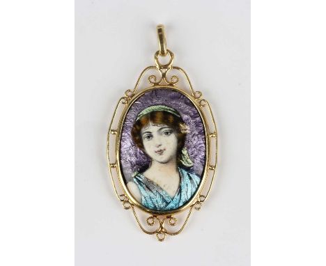 A French gold and Limoges enamelled pendant, first quarter of the 20th century, the centre mounted with an enamelled portrait