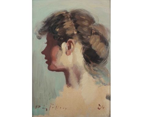 Roy Petley – Profile Portrait of a Young Lady, 20th century oil on board, signed and dated ’84, 24.5cm x 17cm, within a gilt 