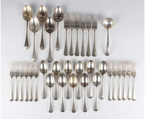 An Edwardian part canteen of silver Old English pattern cutlery, crest engraved, comprising five tablespoons, six table forks