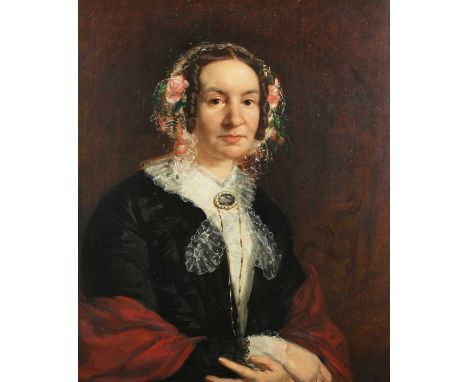 British School – Half Length Portrait of a Lady wearing a Black Velvet Dress with Red Shawl and a Lace Bonnet with Flowers, 1