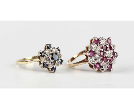 A 9ct gold, ruby and diamond hexagonal cluster ring, mounted with circular cut rubies and diamonds, Birmingham 1981, ring siz