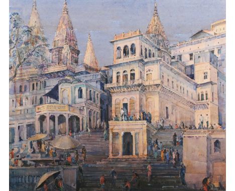 John Drummond – ‘Varanasi Banaras, India, 2003’, watercolour, 52cm x 58.5cm, within a gilt frame with applied titled and date
