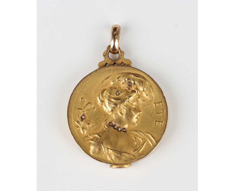 A French gold and diamond circular pendant locket, the interior fitted with a mirror, the front decorated with the portrait o