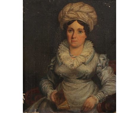 British School – Three Quarter Length Portrait of a Lady wearing a Light Blue Dress and White Cap, seated and holding a Book,