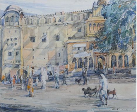 John Drummond – Street Scene, India, 20th century watercolour, signed, 30cm x 36.5cm, within a gilt frame. Note: John Drummon