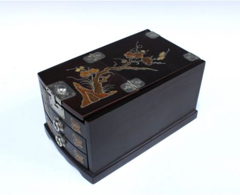 Korean wooden jewellery box, the lid with marquetry of a branch with flowers, with two drawers decorated with butterflies, 23