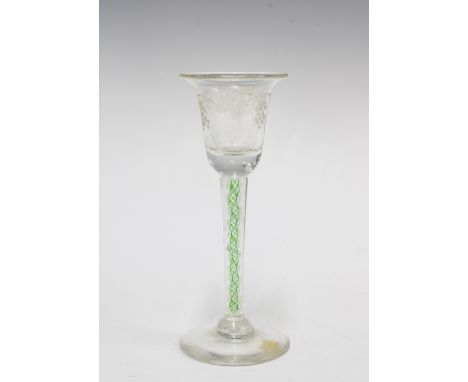 Green and white colour twist stem cordial / wine glass, the bowl with fruit and vine etched pattern, on a conical footrim, 15