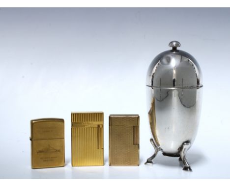 Two St Dupont, Paris gold plated lighters, numbered 18FJC32 &amp; SOBYO7, a vintage Zippo lighter and an Epns cigarette holde