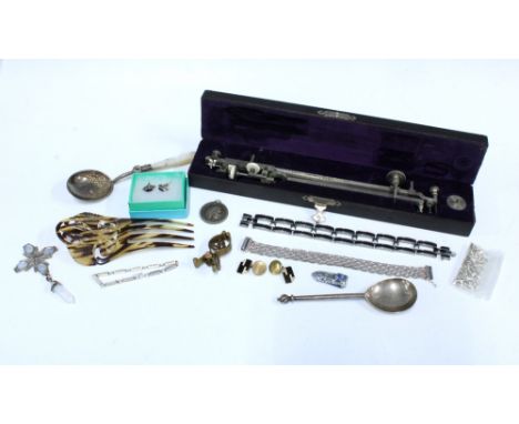 Sheffield silver spoon, Epns flatware, costume jewellery, tortoiseshell hair comb and a planimeter in fitted case