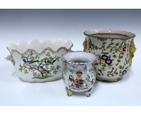 Cantagalli planter with lion mask heads,  a smaller faience planter with armorial crest, and an oval planter painted with bir
