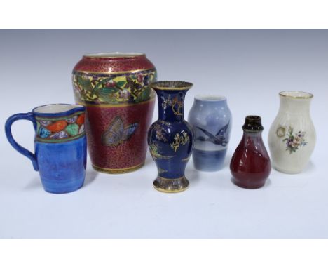 Collection of vases, including a Maling butterfly vase, 20cm, two Royal Copenhagen vases, a Carltonware Blue Royale vase, Joy