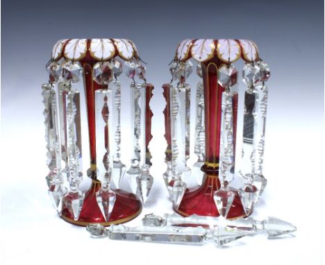 Pair of bohemian red glass table lustres, 27cm, a/f, together with a vintage wine box containing a quantity of loose lustres 