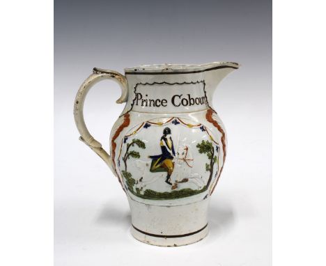 18th century Prattware Duke of York and Prince Cobourg, commemorative jug, 19cm