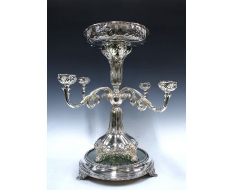 Silver plated flower epergne centrepiece with associated display bowl, 55cm, sitting on a mirrored plateau stand, 33cm diamet