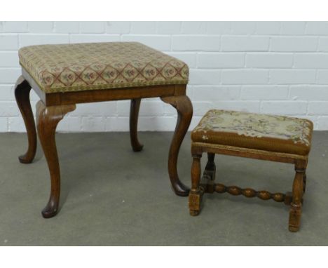 Rosewood stool on cabriole legs with tapestry upholstered seat together with a footstool, 52 x 47cm. (2)