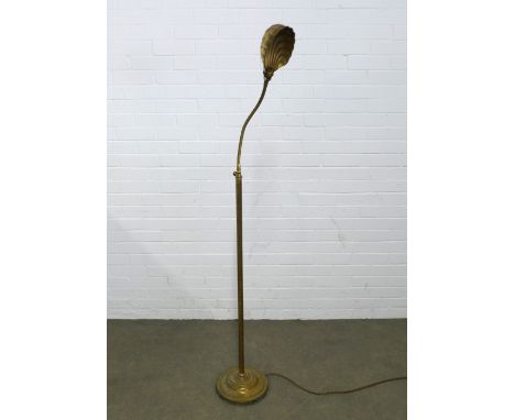 Early 20th century brass floor lamp with scalloped shell shade, 173cm.