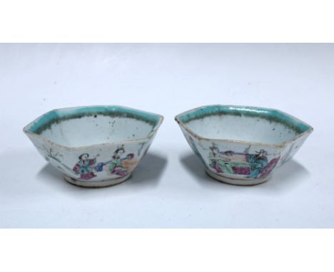 Two Chinese hexagonal famille rose bowls painted with figures, seal marks to base, 12 x 5cm (2)