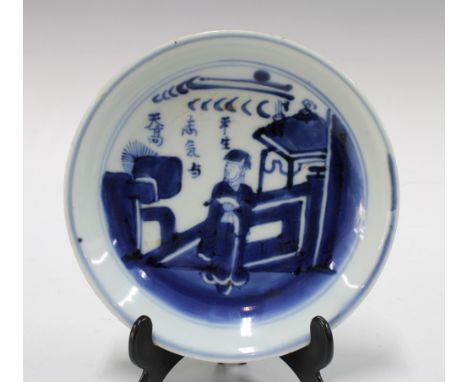 Chinese blue and white saucer dish, depicting a scholar in an interior setting with calligraphy, the underside with marks wit