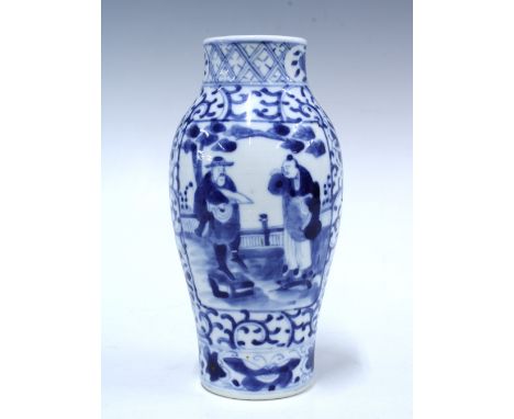 Chinese blue and white vase painted with men in a garden, four character Kangxi mark to the base, 17cm
