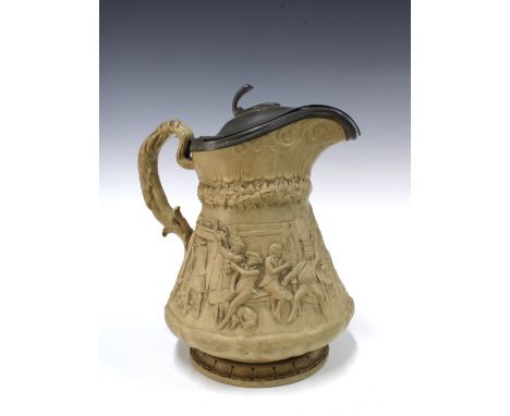 William Ridgway &amp; Co. relief decorated stoneware jug with pewter cover, “Published by W. RIDGWAY, SON, &amp; Co. Hanley, 