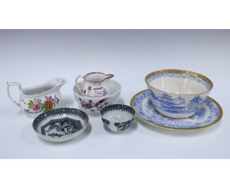 19th century transfer printed pottery to include  jugs, a black and white bowl and saucer, New Hall bowl and cream jug, and b