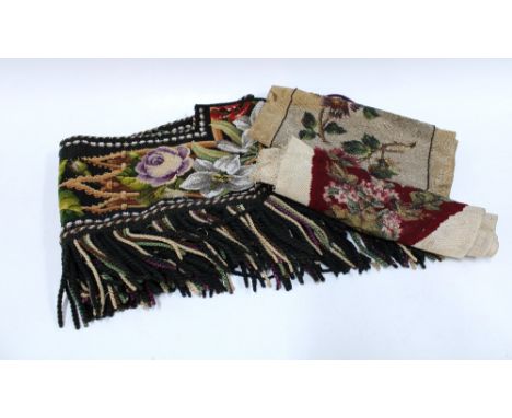 Victorian beaded embroidery, including a long tasselled panel 163cm, an oval panel and two letters "A"s (4)