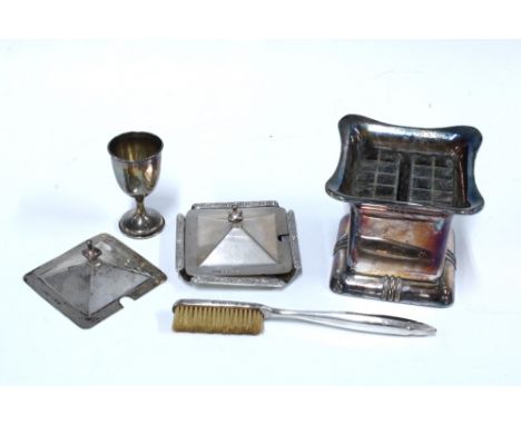 Birmingham silver to include an ashtray, egg cup, toothbrush and two lids together with a Epns Ronson Safety Ashtray,  (6)