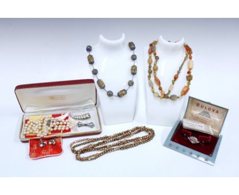 A collection of pearls and Scottish hardstone beads together with a ladies vintage Bulova wristwatch, etc