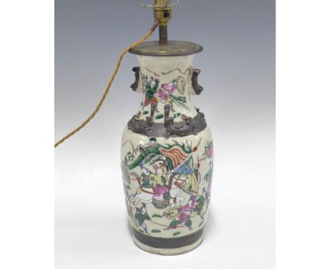 Chinese Warrior decorated table lamp base, 36cm.