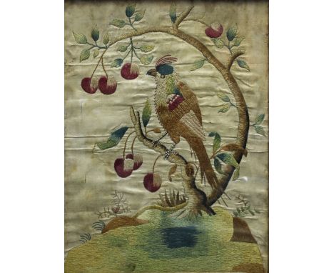 19th century embroidery on silk of a bird in a fruit tree, 20 x 27cm, in a mahogany frame under glass