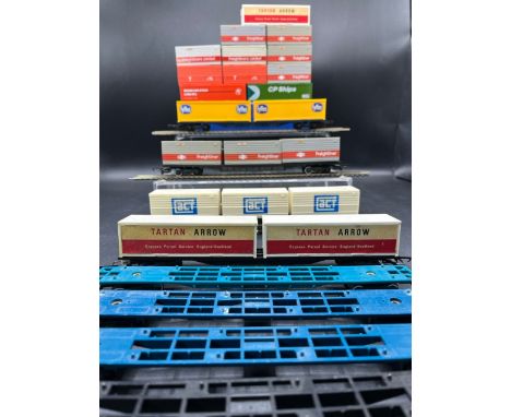 Eight Container Wagons and 21 Containers (1000g) Approx 10' lengths Containers various sizes from Freightliners, Act, Fyffes,