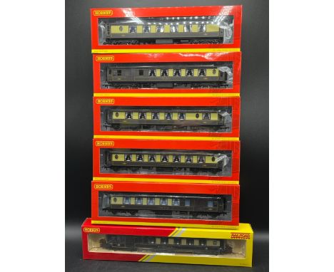 Seven Boxed Hornby Pullman Brown/Cream Coaches, OO gauge (1500g) Includes:- (Hornby unless stated) R4697 - All steel K type P