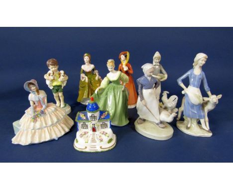 A Royal Copenhagen model of a goose girl with printed and painted marks to baser number 258, together with two further contin