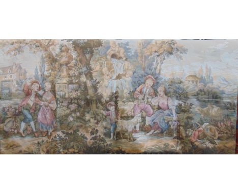 2 machine worked Belgian type wall hangings each with aubusson style tapestry of classical pastoral scenes, lined and with ta