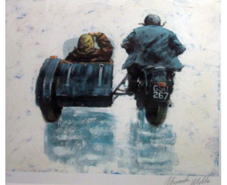 Alexander Miller (Scottish B.1960) - Motorcycle and side car with passenger, signed limited edition coloured print published 