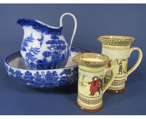 A Doulton Burslem blue and white printed Willow pattern jug and basin set, (basin af) basin diameter 38cm, together with two 