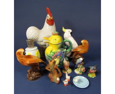 A collection of ceramic birds including a Crown Staffordshire model of a white cockatoo by JT Jones, a Chinese model of a coc