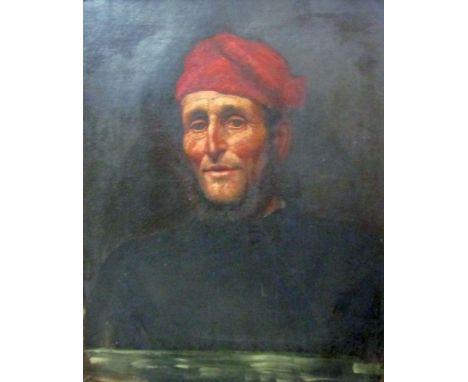 19th century school - Shoulder length portrait of a bearded man in a red cap, possibly a fisherman, oil on canvas, 50 x 40cm 