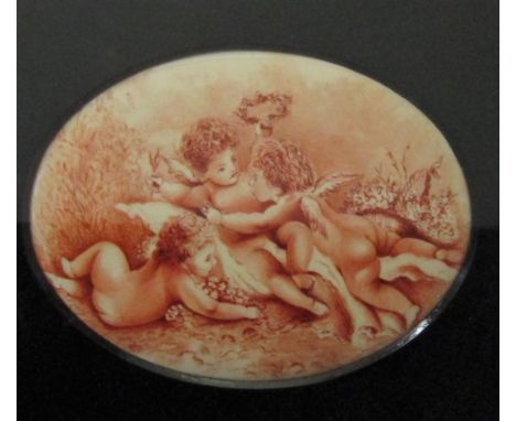 19th century school - Group of three playful cherubs, tones of red paint on ceramic ground, singed with initials MS, 24cm ova