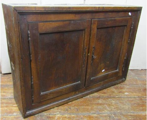 An 18th century walnut cupboard, enclosed by two panel doors with steel hinges, the interior shelves in elm, 95cm wide  x 63c