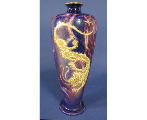 A good quality and unusual AJ Wilkinson Ltd vase of shouldered form with chinoiserie style dragon decoration on a blue and pi