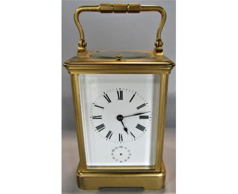 Good quality RC brass repeater carriage clock, enamel dial with subsidiary second dial, open bevelled glass escapement, strik