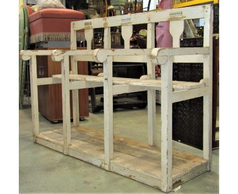 Unusual 19th century pine choristers' bench with three divisions, rising seats and foot board with painted finish, 154 cm wid