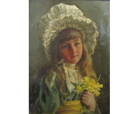 Late 19th century school - Half length portrait of a young girl wearing a mob cap, holding a bunch of narcissi, oil on canvas